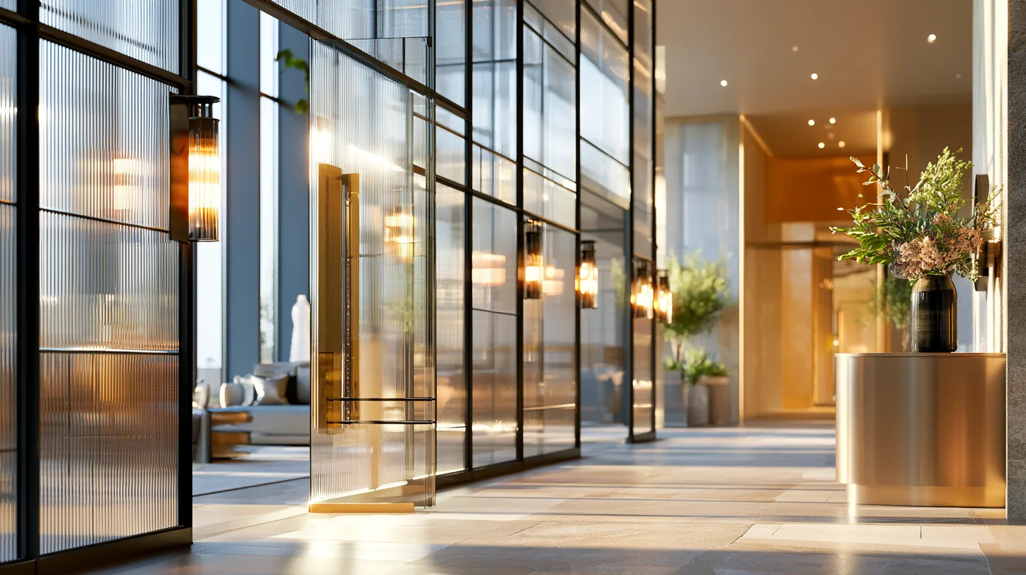 Luxury lobby with reeded glass and architectural metal finishes