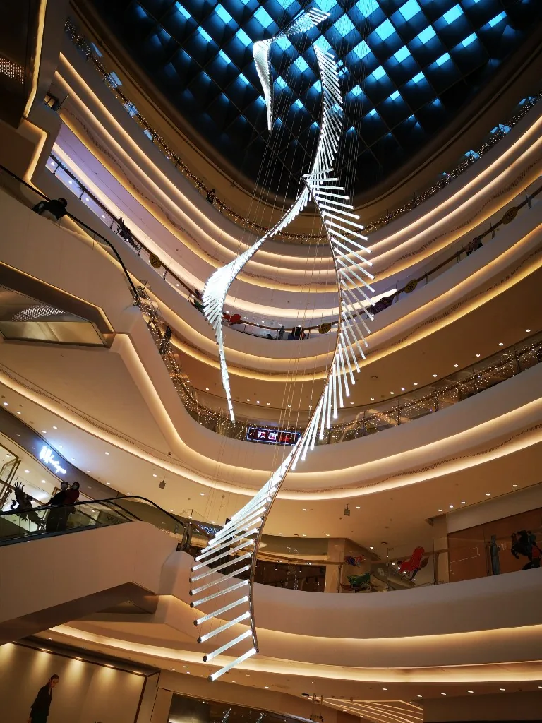 Custom crystal feature installation in a commercial interior